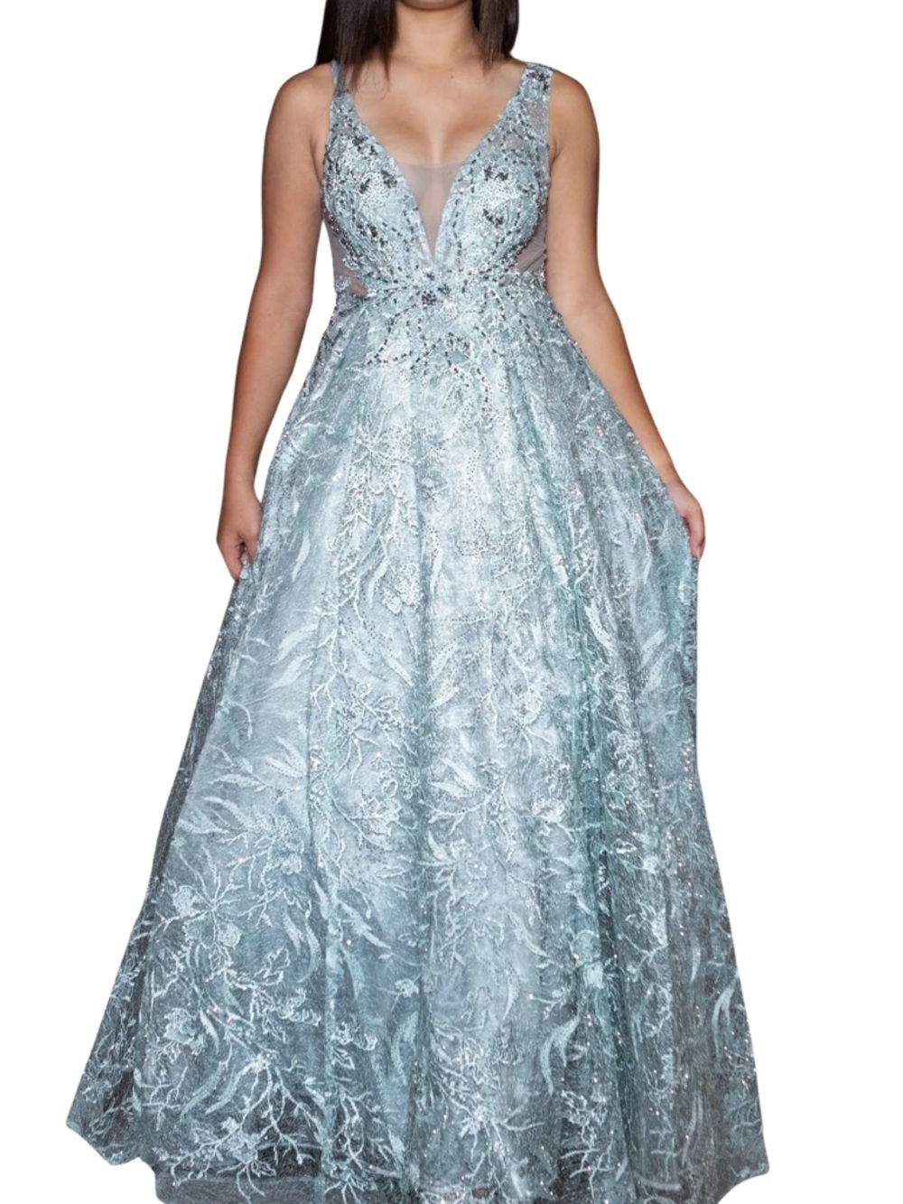Pol Atteu Designer Evening Gown Size 10 Light Blue Silver Beaded Formal Dress
